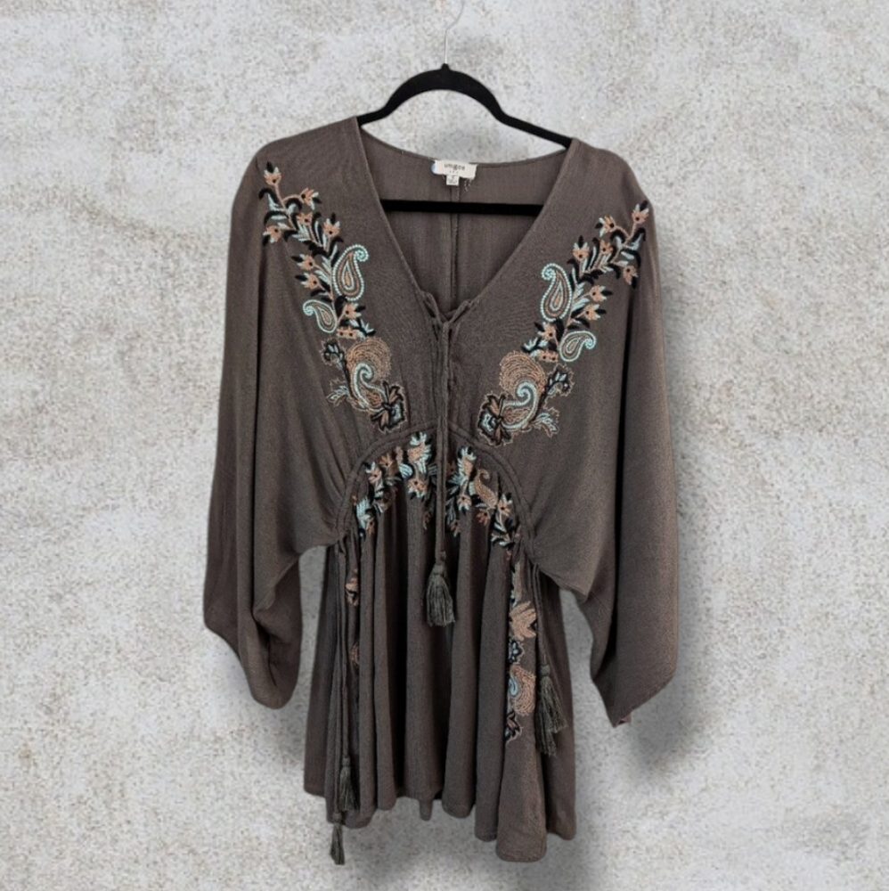 Boho Tunic - Green floral embroidery size S